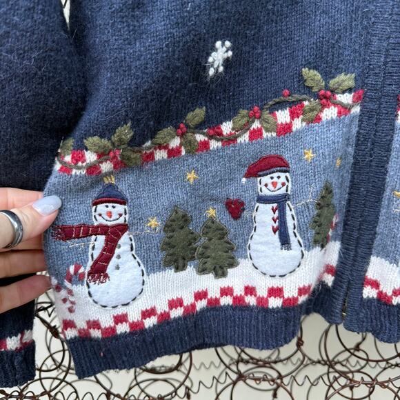 VTG 90s Croft & Barrow Blue Christmas Snowmen Farm Rustic Cabincore Cardigan LG - Picture 2 of 8